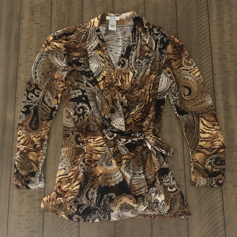 Cache VTG Paisley Wrap Stretch Blouse 3/4 ruched sleeves M animal print Safari
